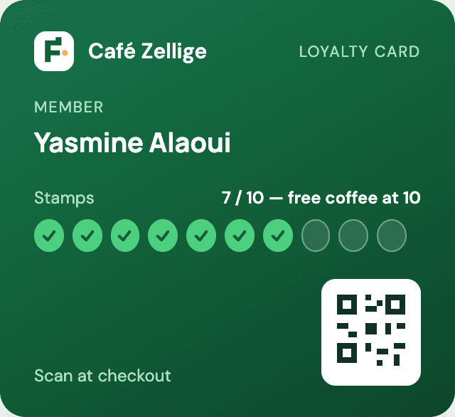 Carte de fidélité FidelyUp du Café Zellige : 7 tampons sur 10, prochain café offert.